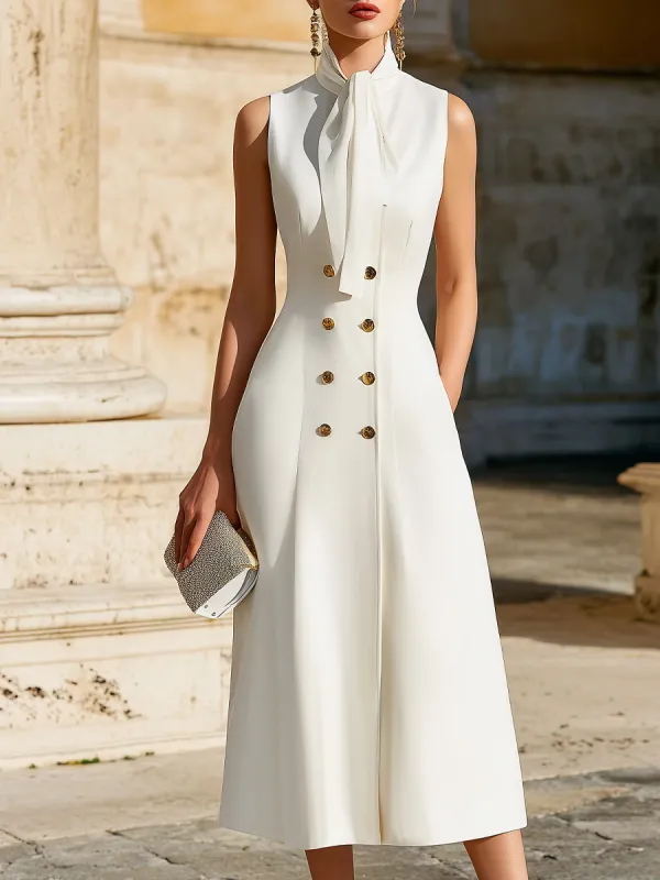 Sleeveless Tie-Neck Double-Breasted Midi Dress sold by Mooyius