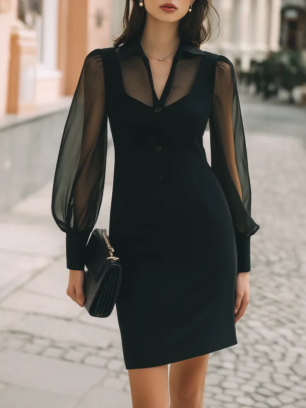 Sheer Sleeve Button-Front Tailored Mini Dress sold by Mooyius