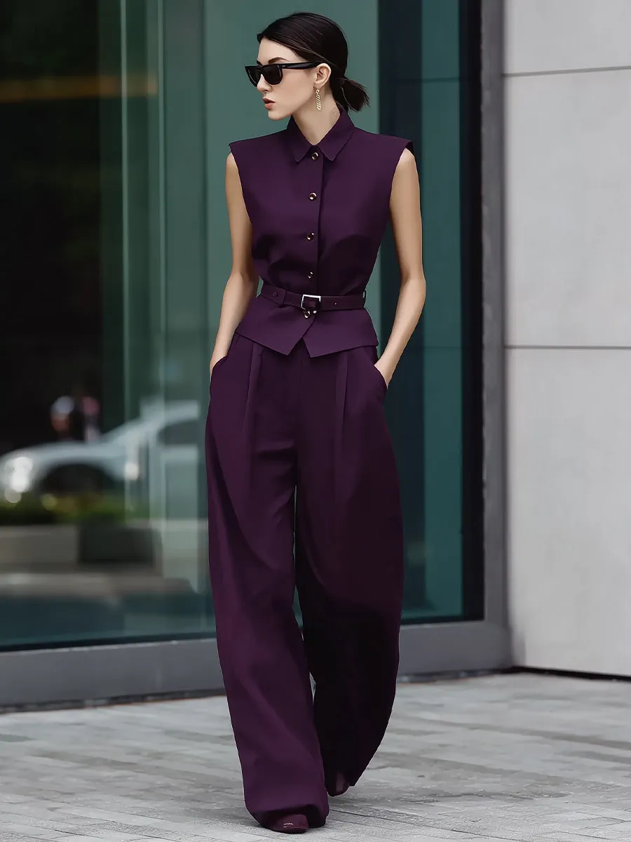 Plum Sleeveless Tailored Vest & Wide-Leg Trousers Two-Piece Set sold by Mooyius product image thumbnail 2