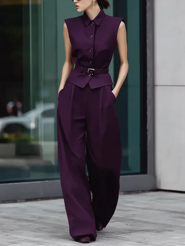 Plum Sleeveless Tailored Vest & Wide-Leg Trousers Two-Piece Set sold by Mooyius