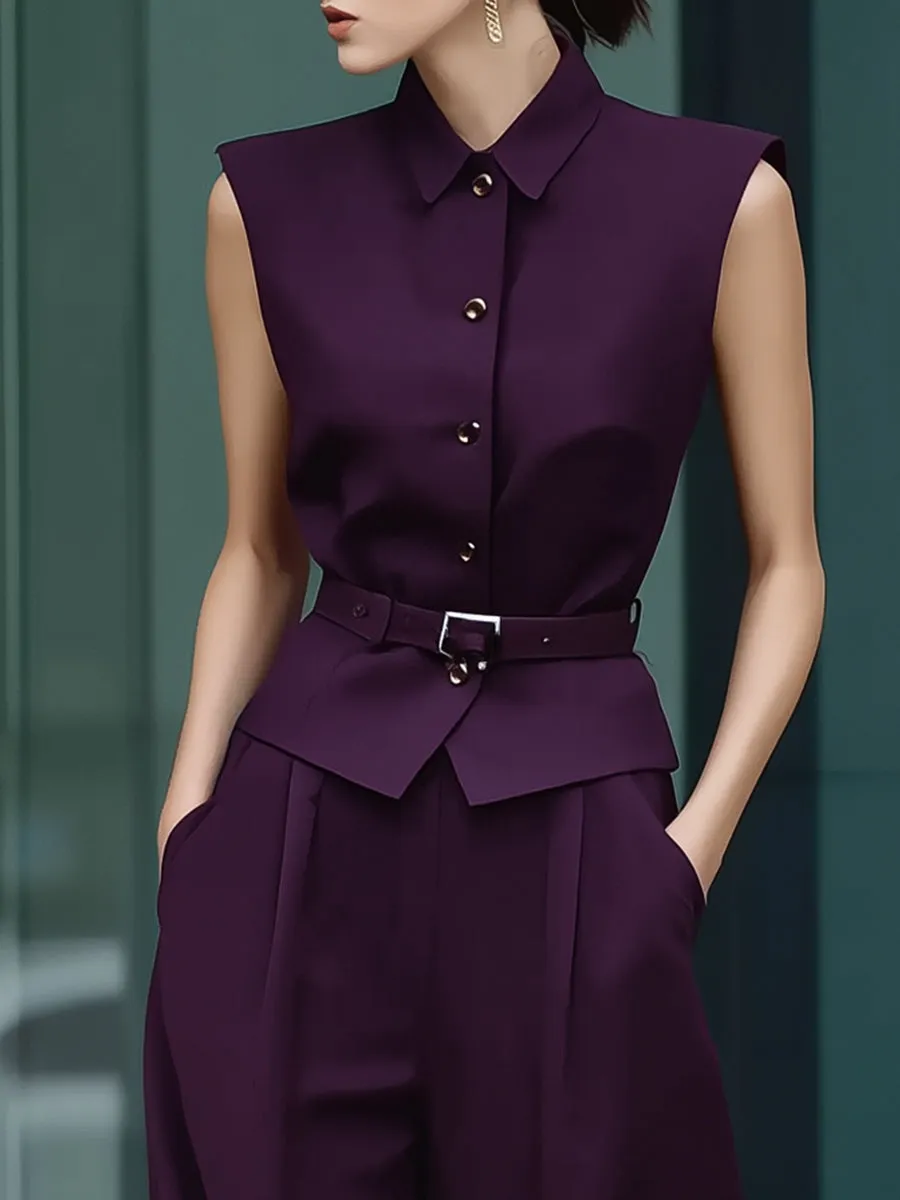 Plum Sleeveless Tailored Vest & Wide-Leg Trousers Two-Piece Set sold by Mooyius product image thumbnail 3