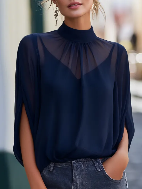 Sheer High-Neck Chiffon Blouse With Soft Pleated Yoke made by Mooyius