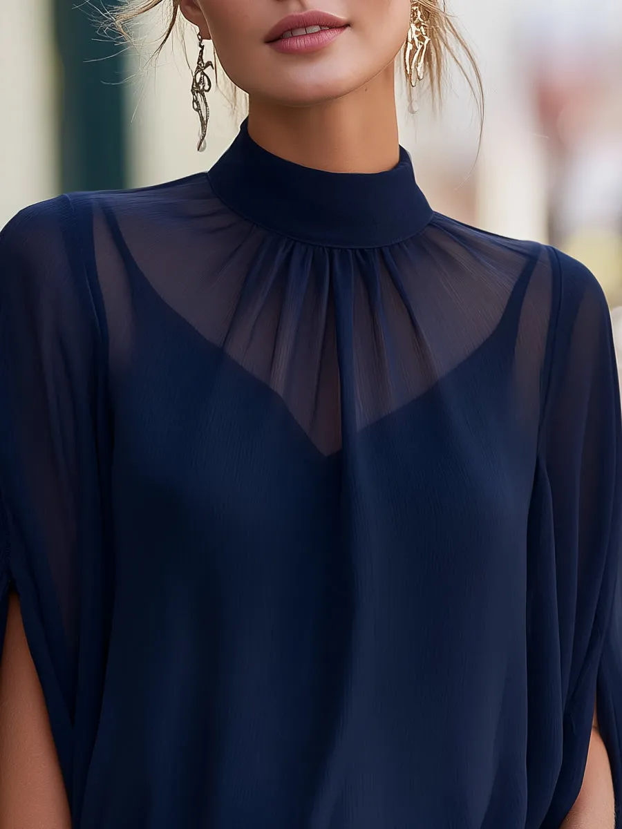 Sheer High-Neck Chiffon Blouse With Soft Pleated Yoke sold by Mooyius product image thumbnail 3