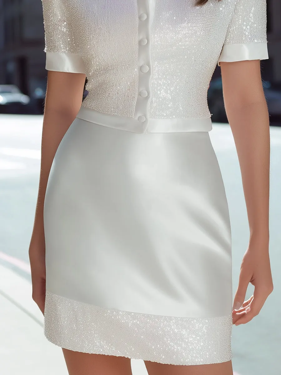 Two-Piece Set Shimmer-Trim Cropped Jacket & Pencil Skirt sold by Mooyius product image thumbnail 3