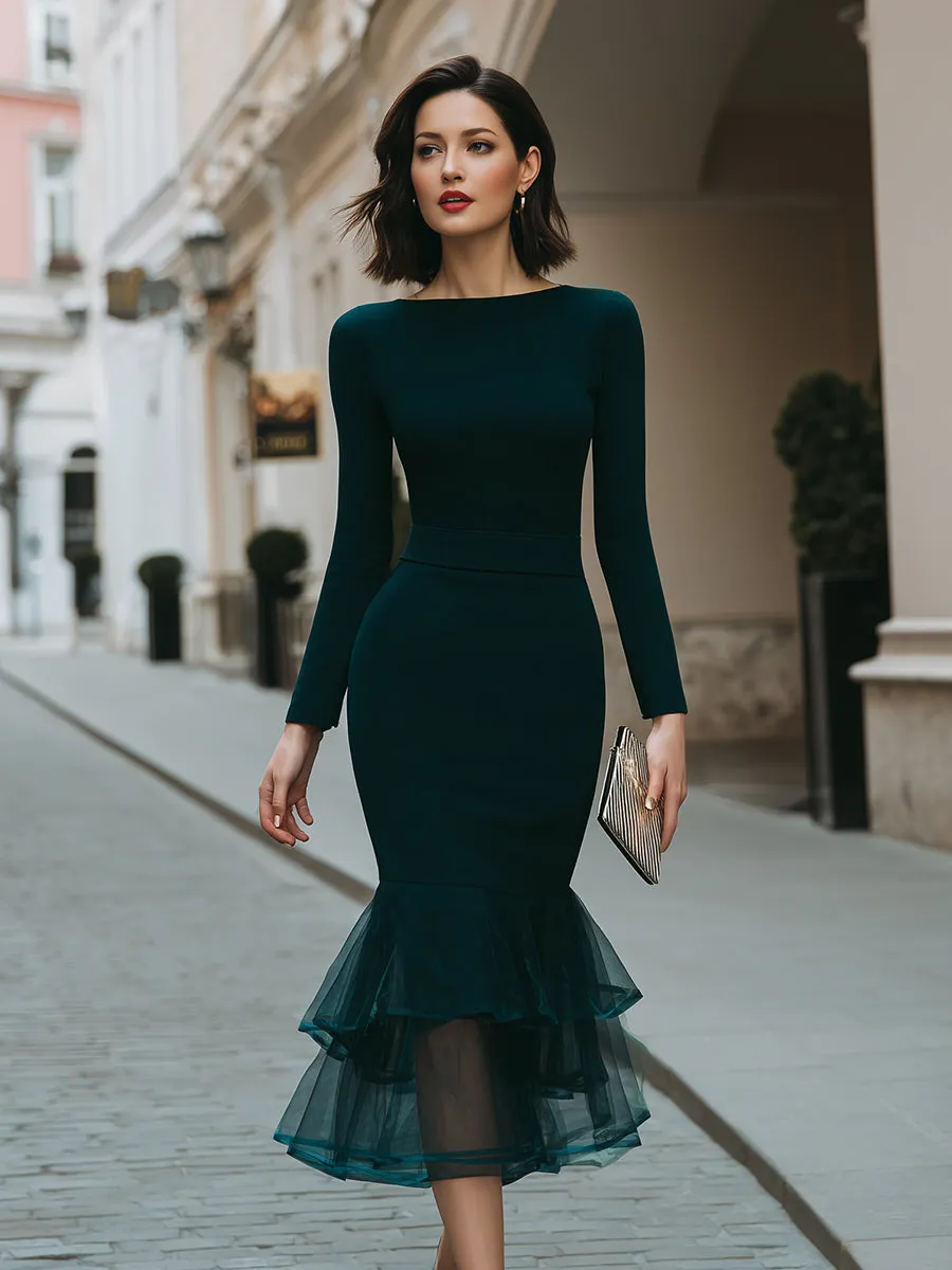 Long Sleeve Mermaid Midi Dress With Layered Sheer Hem sold by Mooyius product image thumbnail 2