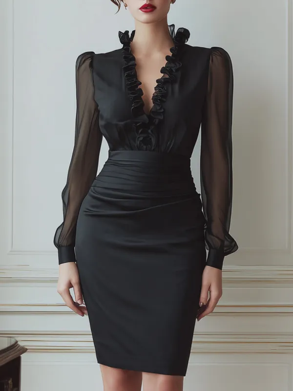 Ruffled V-Neck Sheer Sleeve Ruched Midi Dress sold by Mooyius