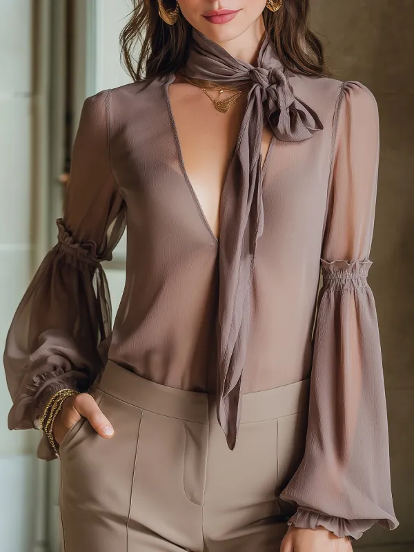 Tie-Neck Chiffon Blouse With Long Sleeves sold by Mooyius