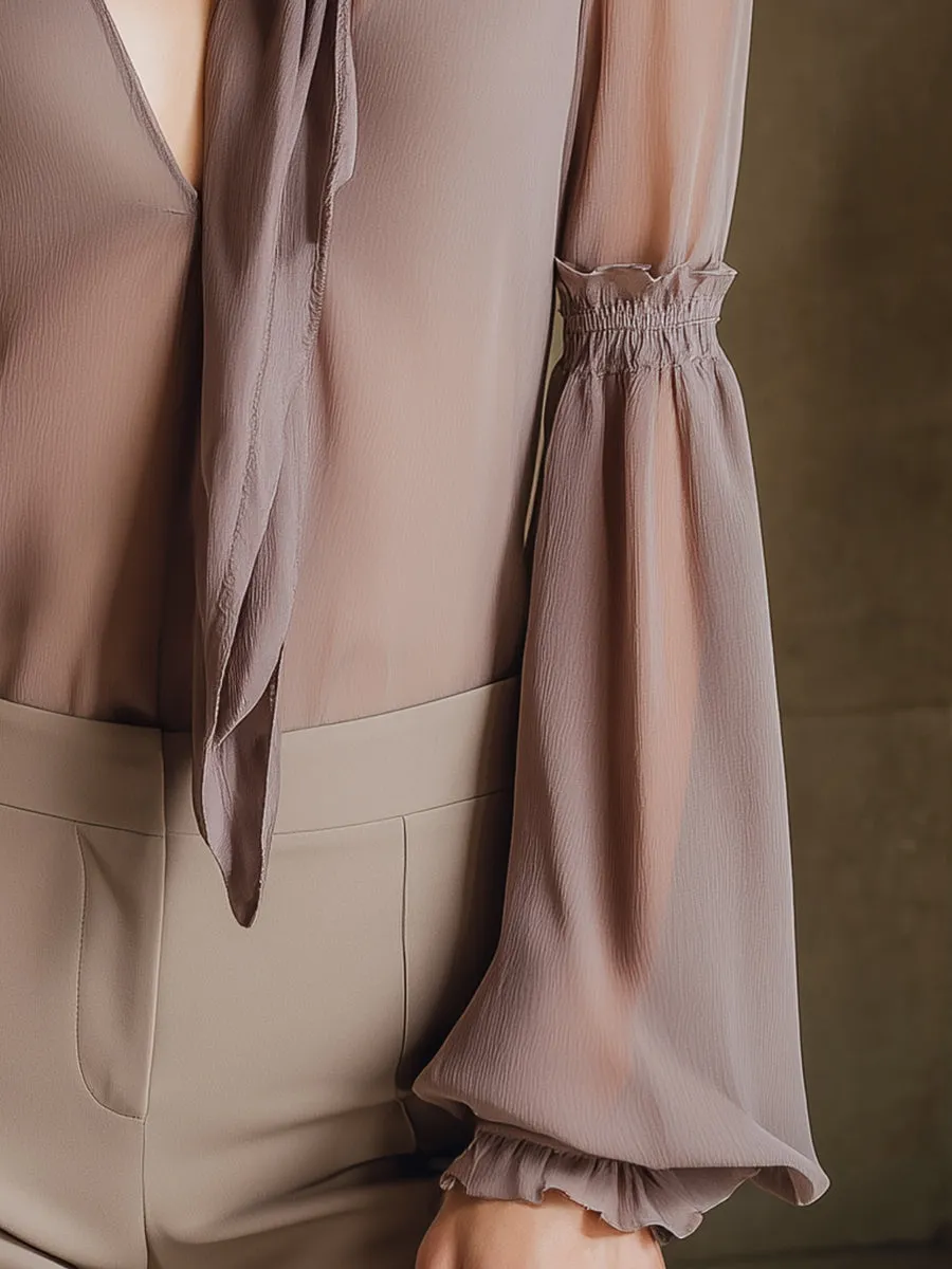 Tie-Neck Chiffon Blouse With Long Sleeves sold by Mooyius product image thumbnail 4