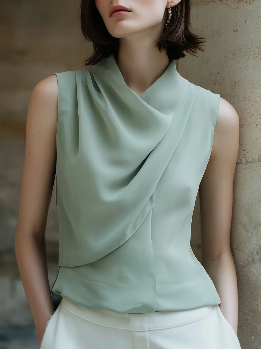 Draped Sleeveless Asymmetric Neckline Tailored Top sold by Mooyius