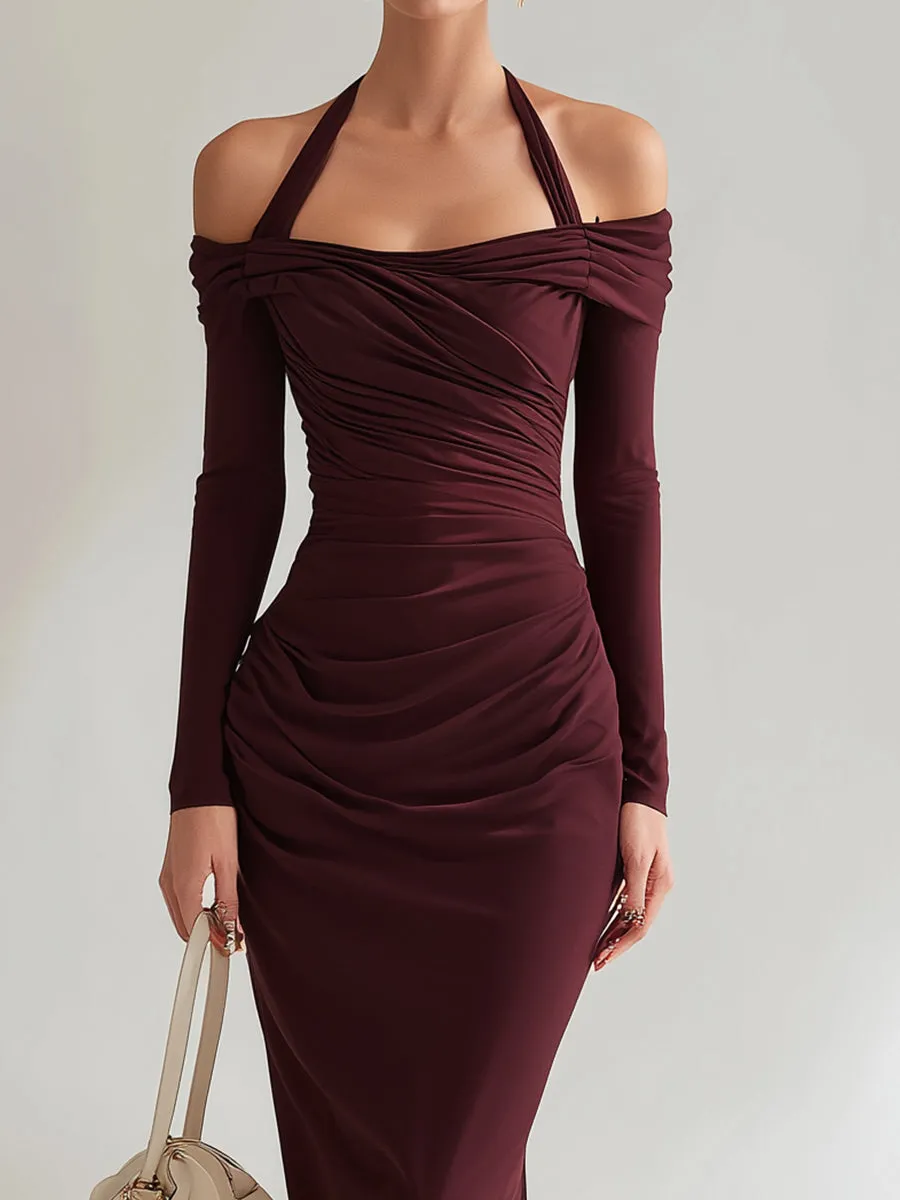 Draped Off-Shoulder Halter Ruched Maxi Dress sold by Mooyius product image thumbnail 2