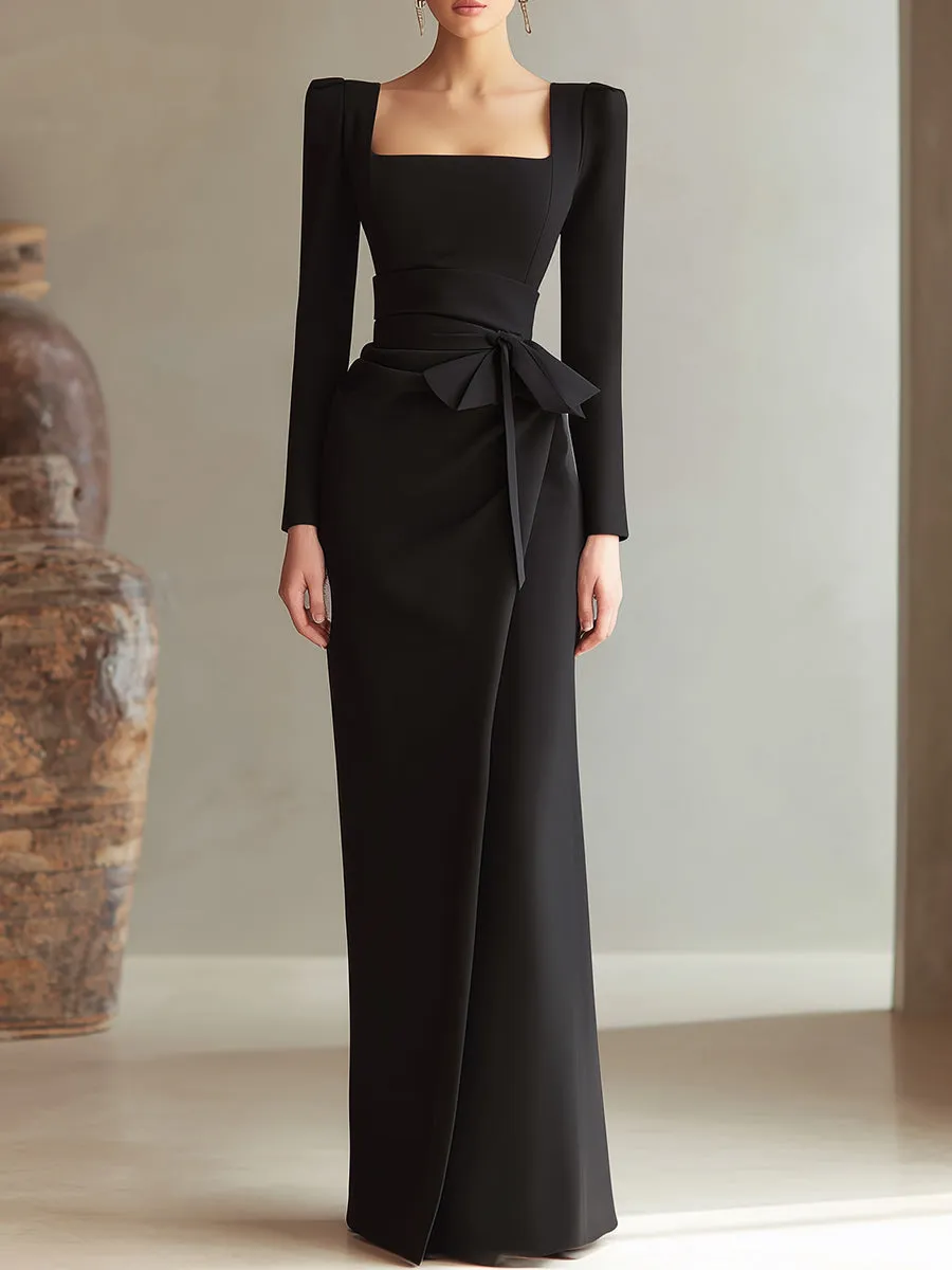 Square-Neck Long Sleeve Wrap-Style Maxi Dress With Waist Tie sold by Mooyius