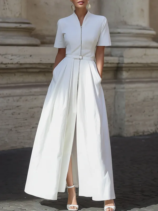 Elegant Zip-Front Belted Maxi Shirt Dress made by Mooyius