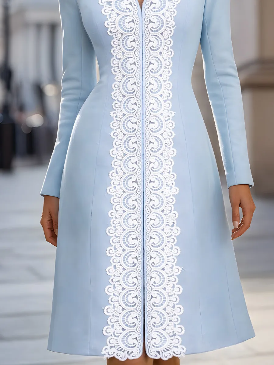 Elegant A-Line Lace-Trim Tailored Midi Dress sold by Mooyius product image thumbnail 4