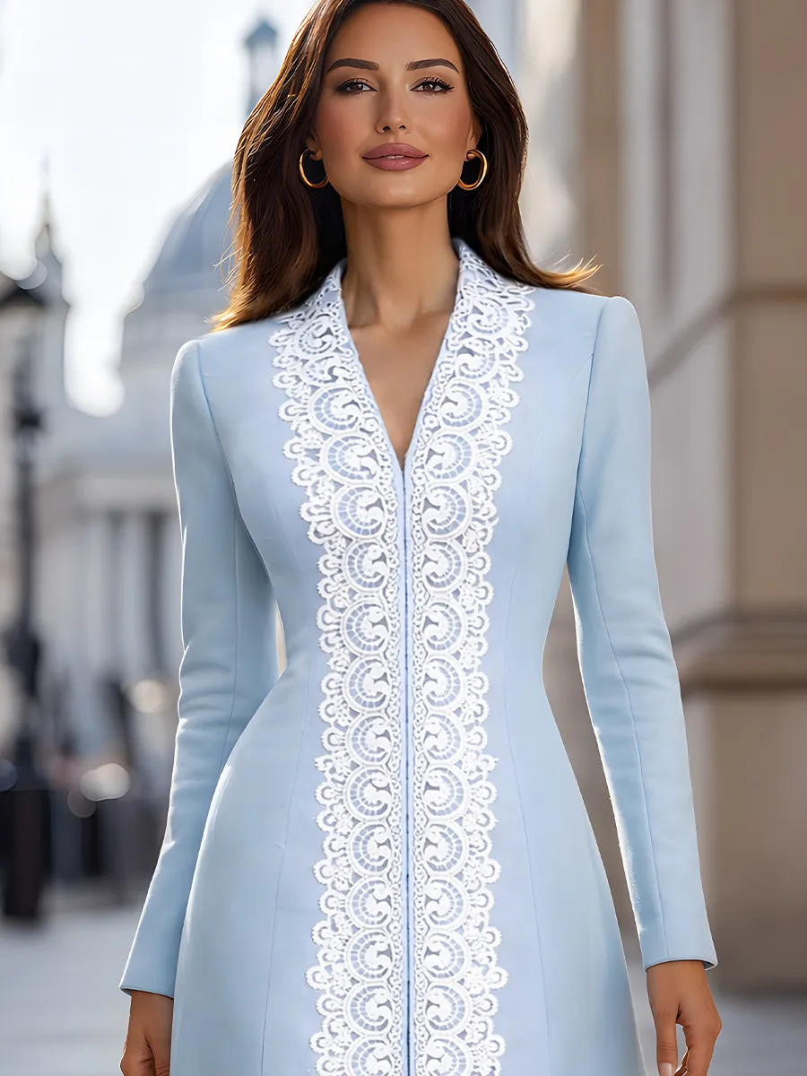 Elegant A-Line Lace-Trim Tailored Midi Dress sold by Mooyius product image thumbnail 3