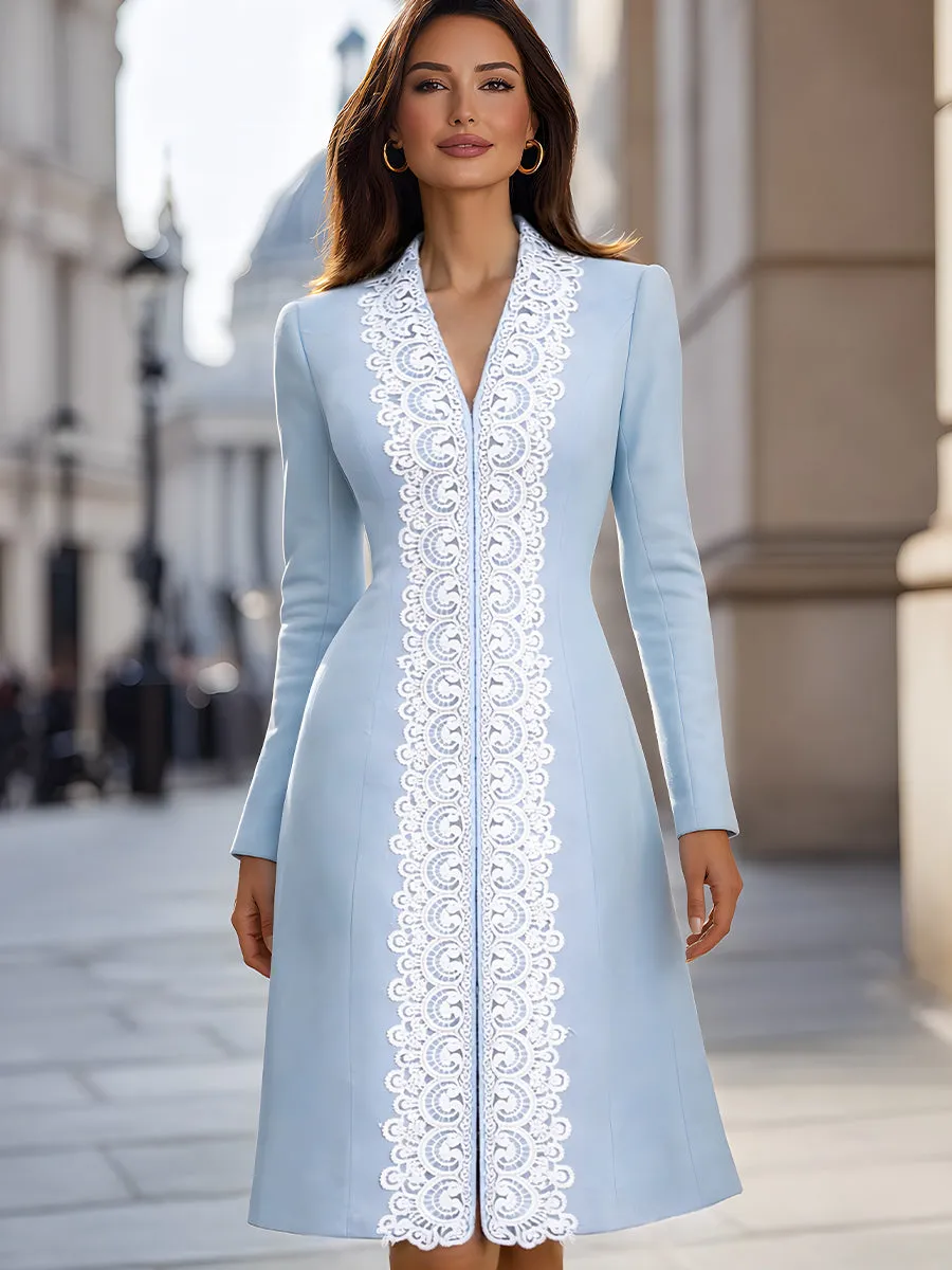 Elegant A-Line Lace-Trim Tailored Midi Dress sold by Mooyius product image thumbnail 2