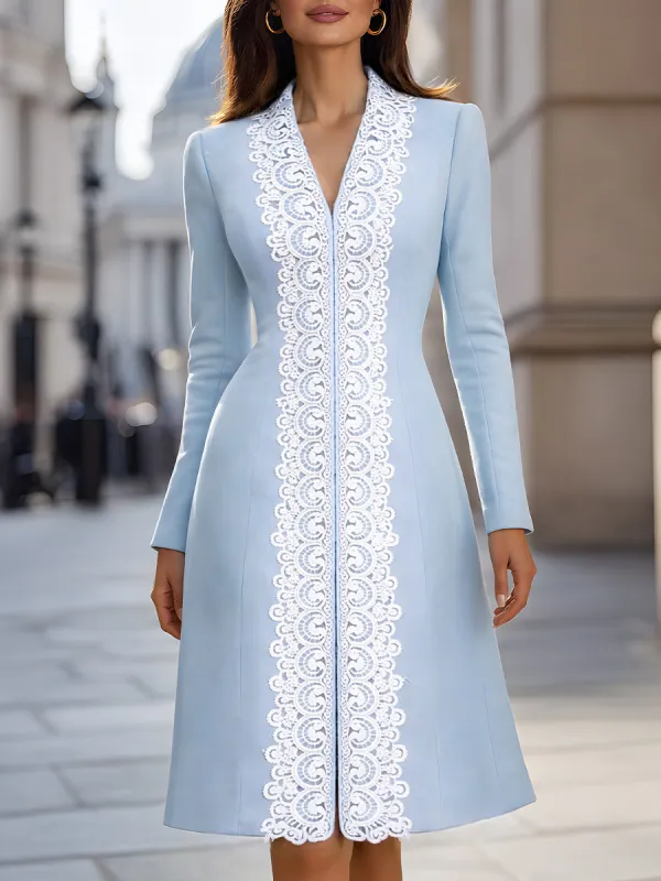 Elegant A-Line Lace-Trim Tailored Midi Dress made by Mooyius