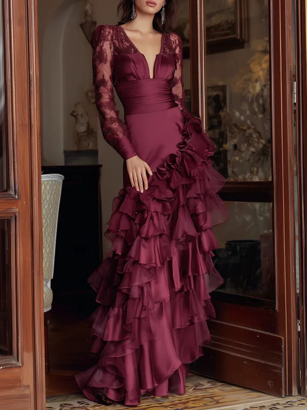 Elegant Burgundy Ruffled Evening Gown sold by Mooyius