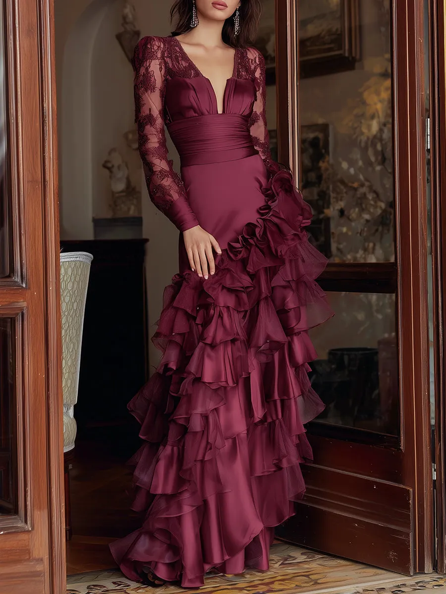 Elegant Burgundy Ruffled Evening Gown sold by Mooyius