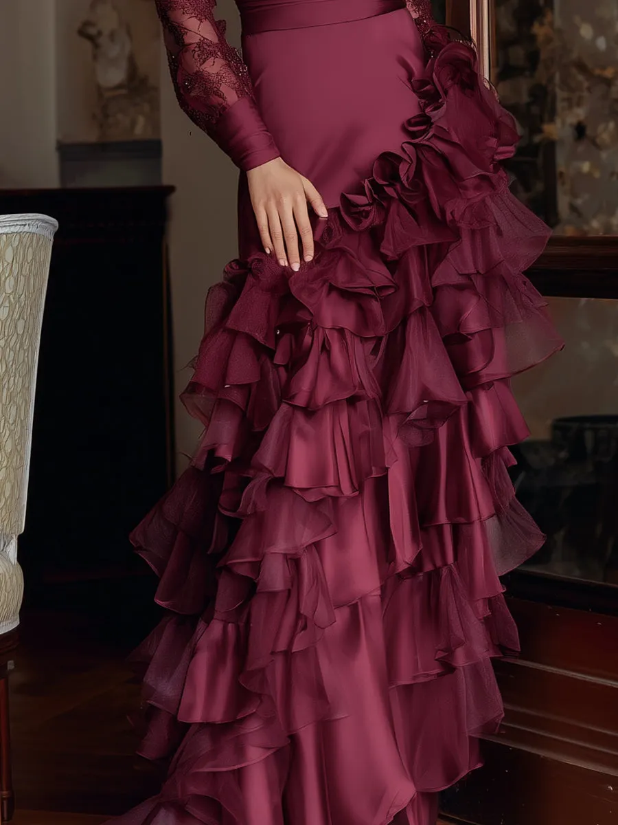 Elegant Burgundy Ruffled Evening Gown sold by Mooyius product image thumbnail 3