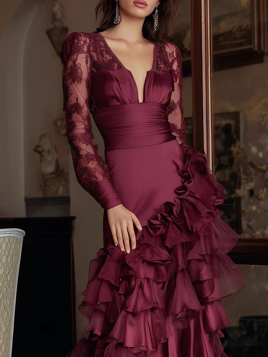 Elegant Burgundy Ruffled Evening Gown sold by Mooyius product image thumbnail 2