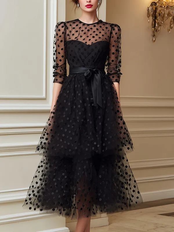 Sheer Polka Dot Tulle Belted Midi Dress made by Mooyius