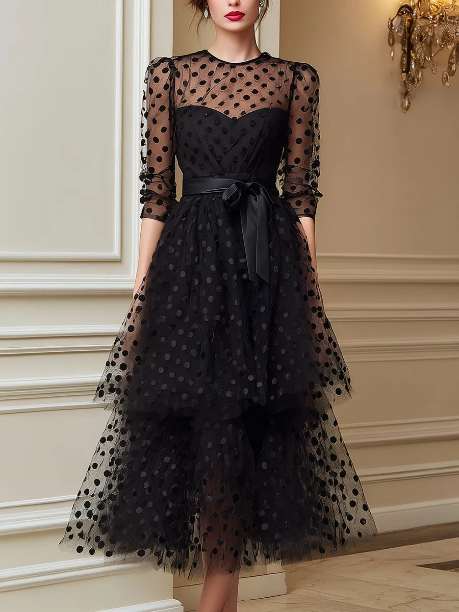 Sheer Polka Dot Tulle Belted Midi Dress sold by Mooyius