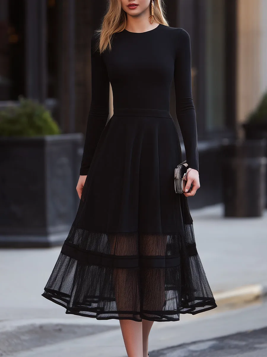 Long Sleeve Mesh Hem Midi Dress With Defined Waist sold by Mooyius