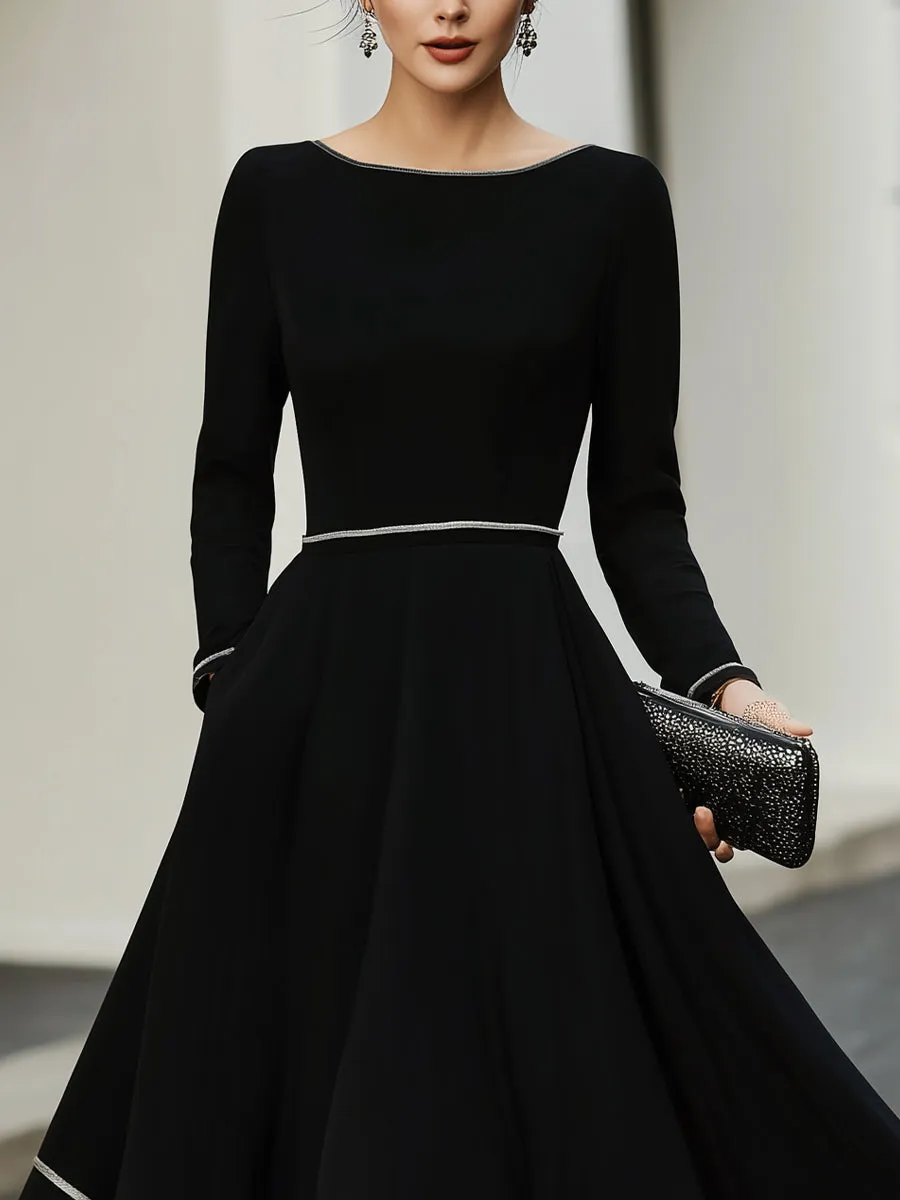Long Sleeve Contrast Trim Midi Dress With Flared Skirt sold by Mooyius product image thumbnail 3