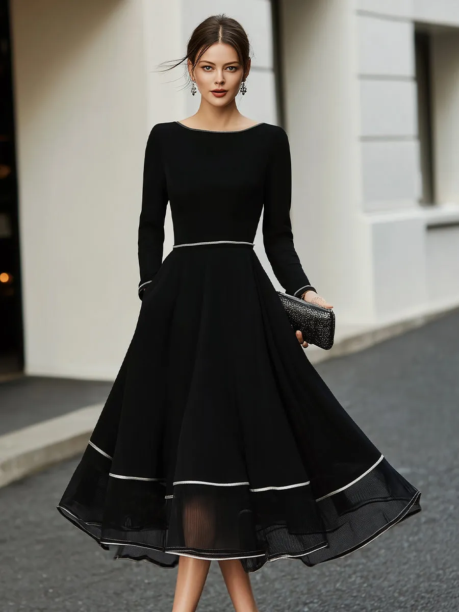 Long Sleeve Contrast Trim Midi Dress With Flared Skirt sold by Mooyius product image thumbnail 2