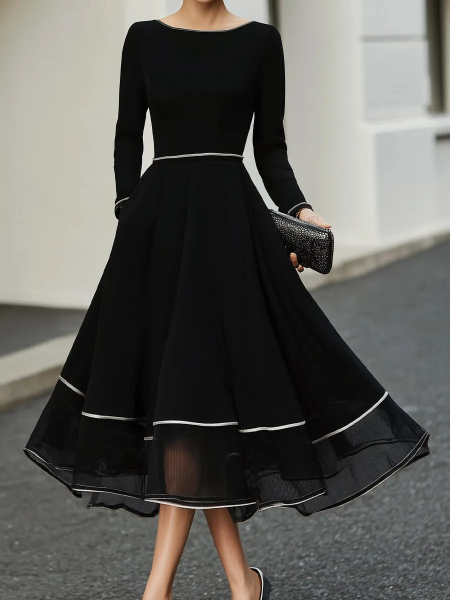 Long Sleeve Contrast Trim Midi Dress With Flared Skirt sold by Mooyius product image thumbnail 4
