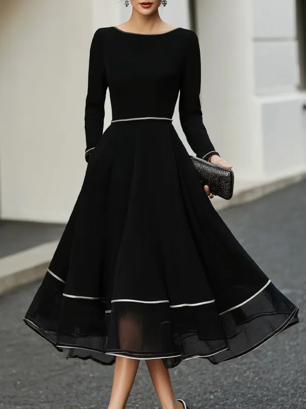 Long Sleeve Contrast Trim Midi Dress With Flared Skirt sold by Mooyius