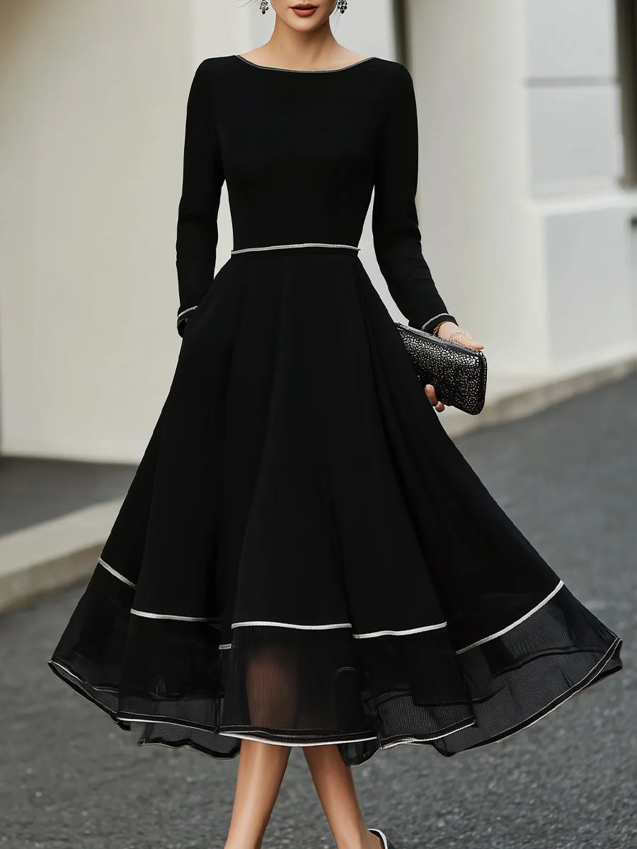 Long Sleeve Contrast Trim Midi Dress With Flared Skirt sold by Mooyius