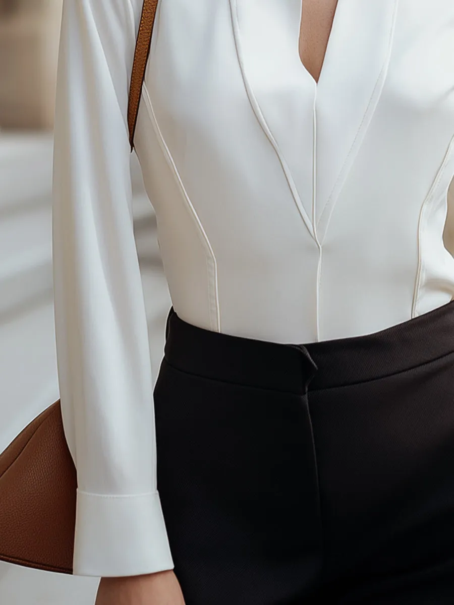 Ivory Tailored Stand-Collar V-Neck Blouse sold by Mooyius product image thumbnail 3