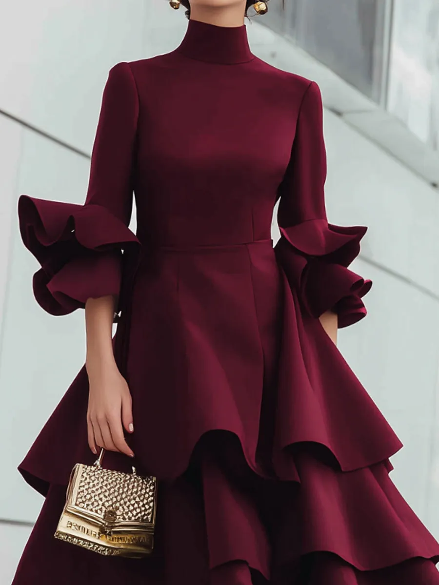 Wine Red Tiered Ruffle High Neck Midi Dress sold by Mooyius product image thumbnail 2