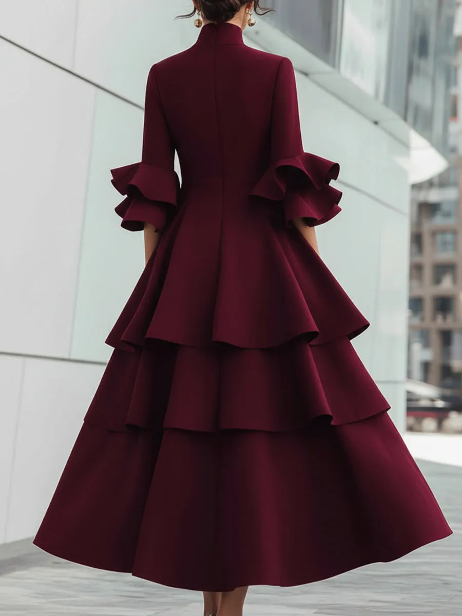 Wine Red Tiered Ruffle High Neck Midi Dress sold by Mooyius product image thumbnail 4