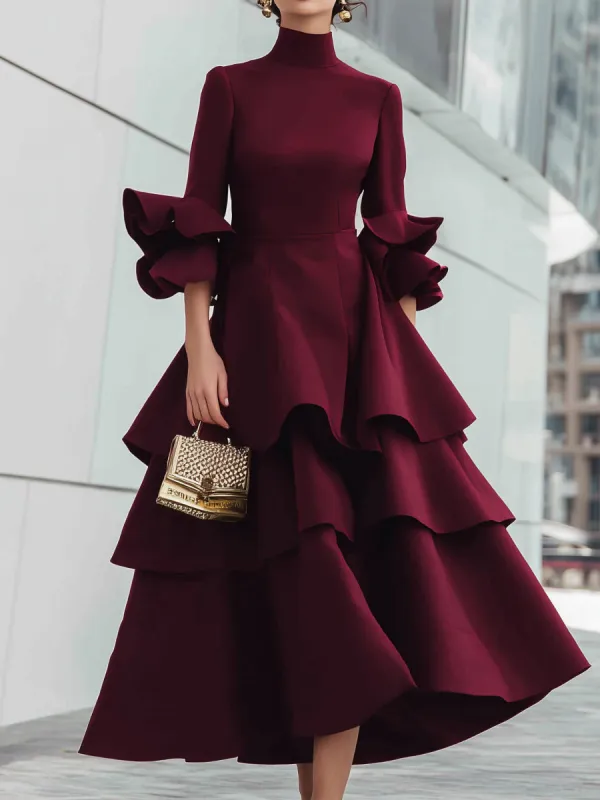Wine Red Tiered Ruffle High Neck Midi Dress sold by Mooyius