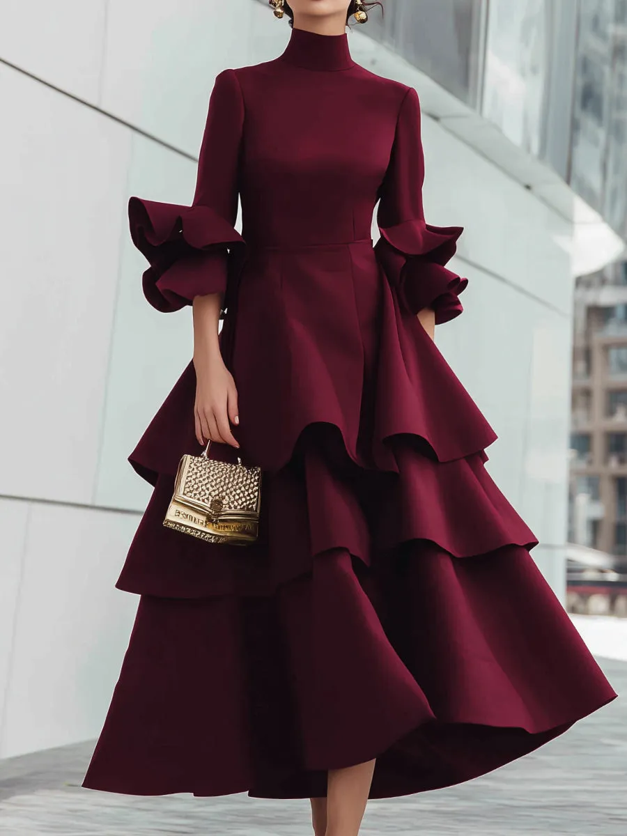 Wine Red Tiered Ruffle High Neck Midi Dress sold by Mooyius