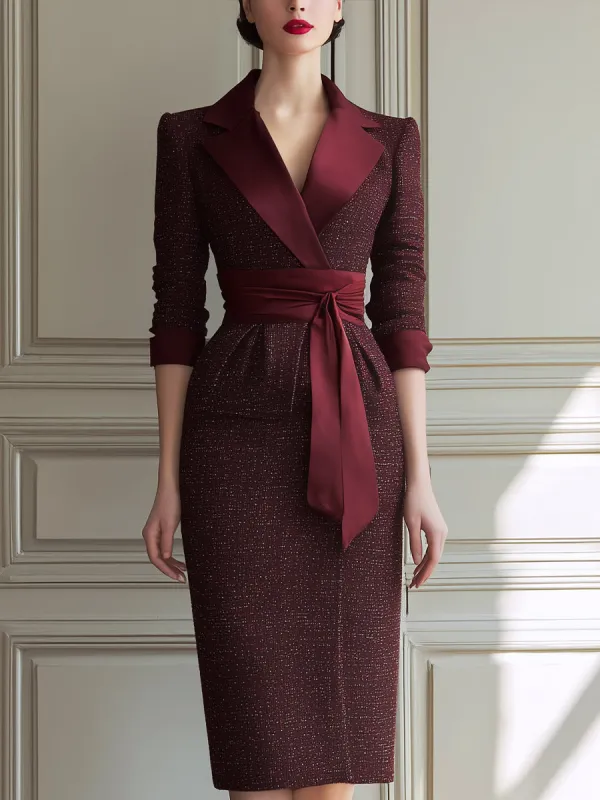 Burgundy Tailored Wrap Midi Dress With Satin Lapel And Waist Tie sold by Mooyius
