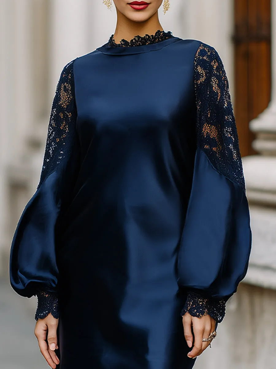 Elegant Satin Midi Dress With Lace Balloon Sleeves sold by Mooyius product image thumbnail 3