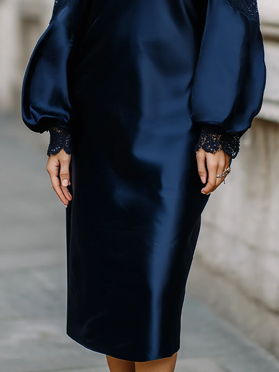Elegant Satin Midi Dress With Lace Balloon Sleeves sold by Mooyius product image thumbnail 4