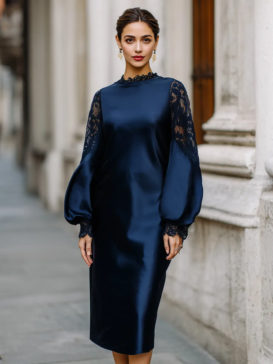 Elegant Satin Midi Dress With Lace Balloon Sleeves sold by Mooyius product image thumbnail 2