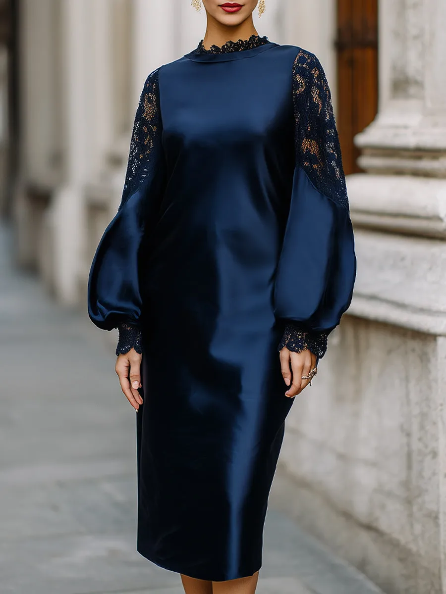 Elegant Satin Midi Dress With Lace Balloon Sleeves sold by Mooyius