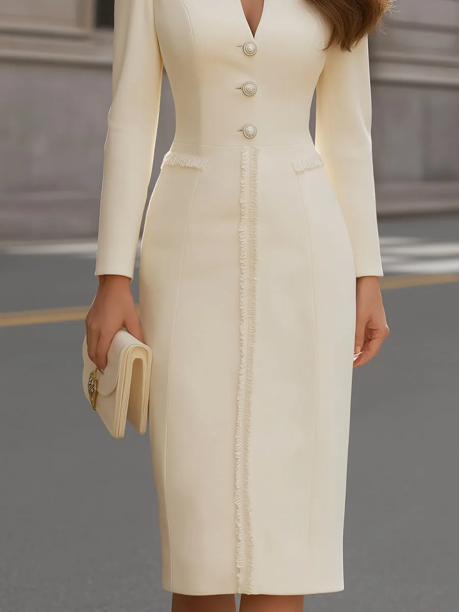Button-Front Notched Neck Midi Sheath Dress With Textured Trim sold by Mooyius product image thumbnail 3