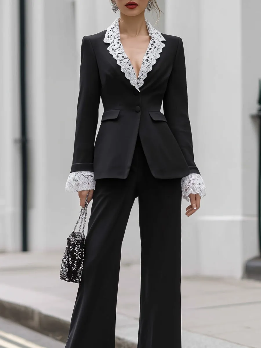 Lace-Trim Tailored Blazer And Wide-Leg Pants Two-Piece Set sold by Mooyius product image thumbnail 2