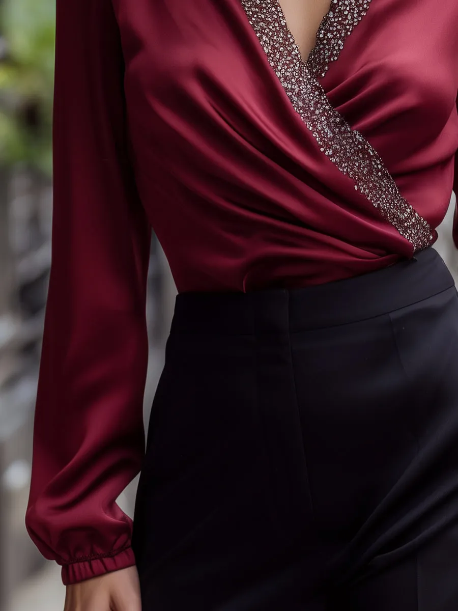 Embellished Wrap V-Neck Long Sleeve Blouse sold by Mooyius product image thumbnail 4