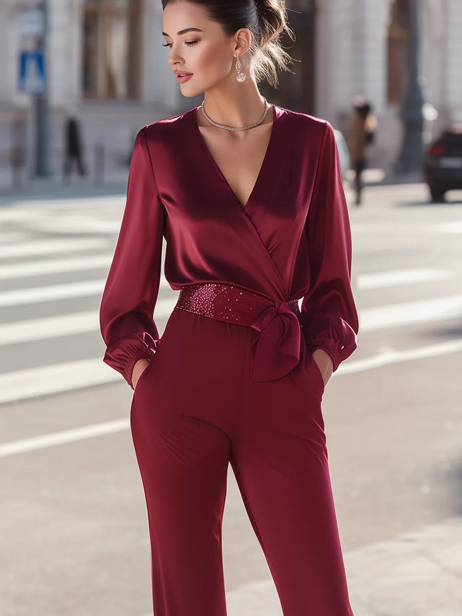 Wrap-Front Belted Long Sleeve Jumpsuit sold by Mooyius product image thumbnail 3