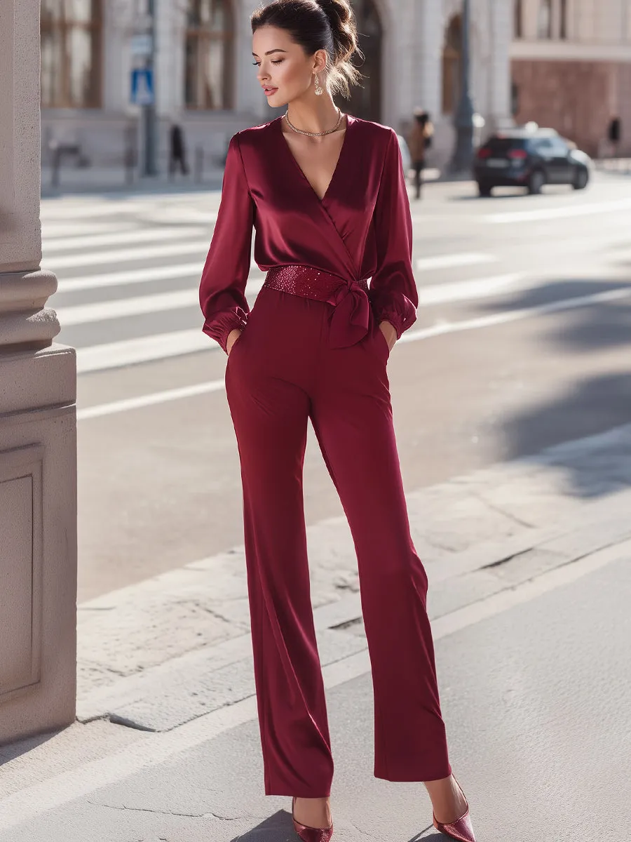 Wrap-Front Belted Long Sleeve Jumpsuit sold by Mooyius product image thumbnail 2