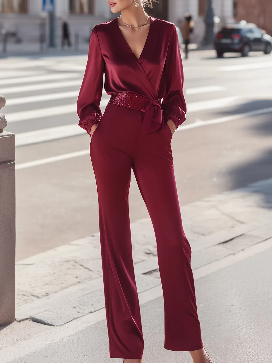 Wrap-Front Belted Long Sleeve Jumpsuit sold by Mooyius