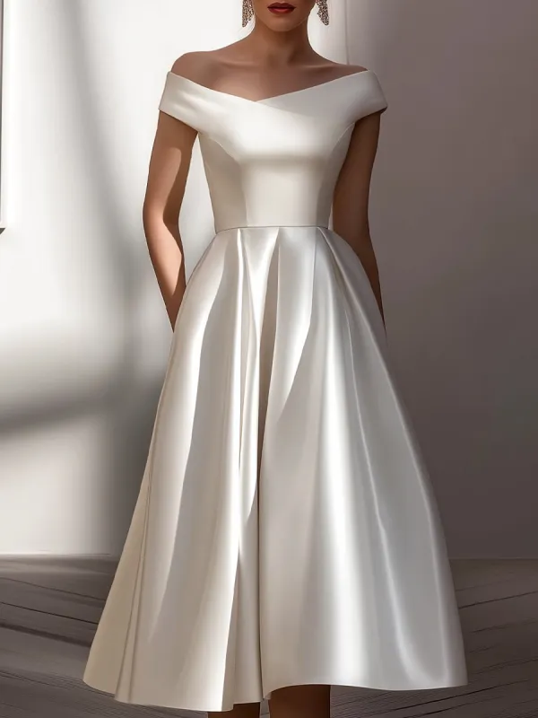 Off-Shoulder Satin Sculpted Midi Dress sold by Mooyius