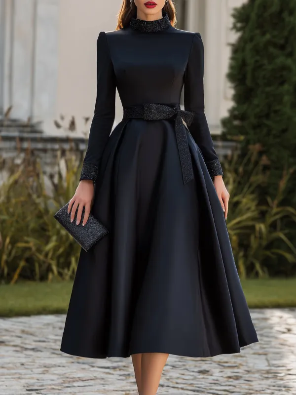 Belted High-Neck Midi Dress With Structured Silhouette sold by Mooyius